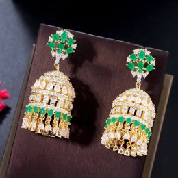 Earrings CWWZircons New Indian Trendy Round Shape Gold Plated Multicolor CZ Bell Long Earring for Women Luxury Dubai Bridal Jewellery CZ343