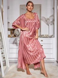 Home Clothing Women's Pajamas Robe Set Sexy Sling Sleepwear Dress Silk Like Homewear Luxury Strip Print Bathrobe 2pcs Suit Clothes Femme