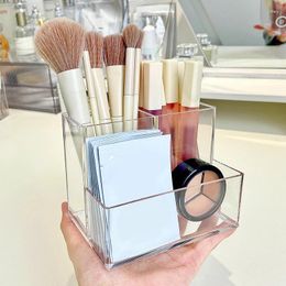 Storage Boxes Acrylic Mirror Transparent Three Grid Makeup Box Make Up Brush Bucket Cosmetic Organizer Student Desk Pen Container