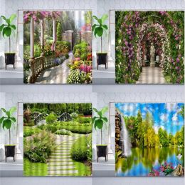 Shower Curtains Spring Scenery Garden Curtain Sets Flower Plants Natural Landscape Waterfall Wall Decor Bathroom Polyester Cloth