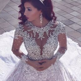 Dresses New atest Oneck Long Sleeve Ball Gown Wedding Dresses Bridal Dresses Beaded Crystals Vestidos De Noiva Wedding Gowns Robe De Mari