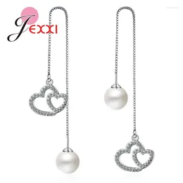 Dangle Earrings 925 Sterling Silver Fine Jewellery Elegant Ball Round Pearl With Tiny Cubic Zircon Inlay Pave Women Female Ear Decoration