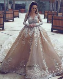 Dresses Sparkly Ball Gown Wedding Dresses Sheer Neck Sequins Beaded Tulle Long Sleeves Backless Wedding Gowns Plus Size Bridal Dresses HY4