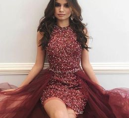 Sparkly Short Sequined Prom Dresses With Detachable Train Jewel Neck Beaded Party Dress Tulle Crystals Sheath Burgundy Evening Gow8064550