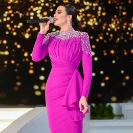 Dresses Muslim Fuschia Mermaid Evening Dresses High Neck 2021 Beading Beads Elegant Long Sleeves Formal Occasion Gowns Women Prom Party We
