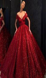 Sparkly Red Sequins Prom Dresses Glamorous Off Shoulder Sleeveless Zipper Back Party Dresses Fashion Fluffy Dubai Celebrity Evenin1445461