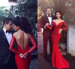 Dresses Elegant Arabic Red Dresses Evening Formal Wear 2022 Long Sleeves Lace Mermaid Prom Dress Illusion Jewel Neck Appliques Sexy Engage