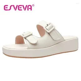 Dress Shoes ESVEVA 2024 Two Piece Sandal Flat Heel Fashion Female Round Toe Leisure Women Pumps Big Size 34-39