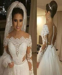 Vintage Off the Shoulder Illusion Lace Wedding Dress with Long Sleeve High Quality Custom Make Bridal Gown See Through Back Vestid5316614