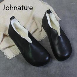 Casual Shoes Johnature Women Flats Genuine Leather Winter 2024 Retro Vintage Concise Mori Round Toe Leisure Shallow Ladies