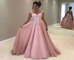 2019 Blush Pink Long Evening Prom Dresses Sheer Neck Cap Sleeves Keyhole Back Chiffon Applique Lace Gown Elegant Abendkleider4753744