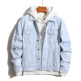 Men's Jackets Men Ripped Solid Washing Blue Slim Denim Jacket Good Quality Holes Casual Male Coat