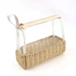 Storage Boxes Large Capacity PVC Transparent Portable Cosmetics And Toiletries Straw Woven Makeup Bag