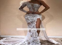 White Full Lace Mermaid Evening Dresses Sell Side Split 2020 Modern One Shoulder See Through Red Carpet Pageant Celebrity Gown8811083