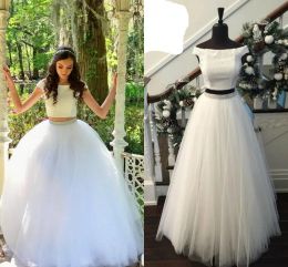 Dresses White Ball Gown Long Prom Dresses Off the shoulder Scoop Neck Two Pieces Tulle Sequins Beaded Bling Designer Cheap Evening Formal