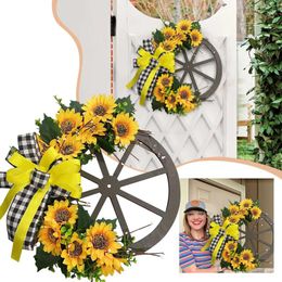 Decorative Flowers Summer Family Wheel Sunflower Wreath Farmhouse Simulation Flower Wooden Disc Door Hanging Small Outdoor