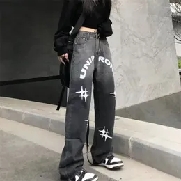 Women's Jeans Harajuku Letter Printed Cargo Y2K Black Gray High Waist Streetwear Baggy Trousers Women Pants Straight Wide Leg