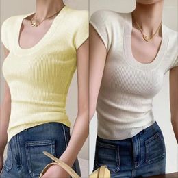 Women's T Shirts U-neck Knitted T-shirt Women Pure Colour Sexy Fit Short Sleeve Bottoming Top