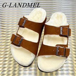 Slippers 2024 Designer Plush Summer Open Toe Suede Belt Buckle Shoulder Strap Comfortable Flat Fleece Mat Casual Shoes