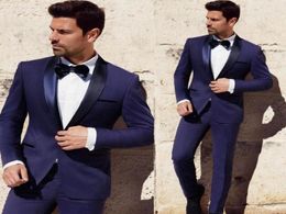 Dark Blue Groom Tuxedos Groomsman Slim Fit Business Suits Bridegroom Lapel Trim Custom Made Wedding Mens Suits JacketPants7233666