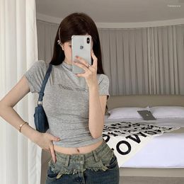 Women's T Shirts 2024 Rhinestones Letter Short Sleeve T-shirts Half Turtleneck Basic Vintage Cropped Tops Women Y2k Aesthetic Slim Harajuku