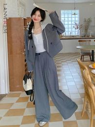 Women's Two Piece Pants LANMREM Suit Sets Women Hooded Short Blazers With Wide Leg Grey Colour Female Comfortable Clothing 2024 Spring