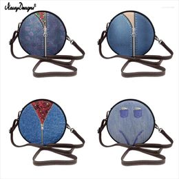 Shoulder Bags NOISYDESIGNS Denim Zipper Design Women Fashion PU Leather Circular Bag Crossbody Female Brand Round Handbag Bolsos