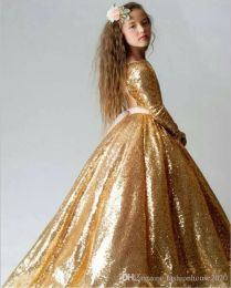 Dresses 2020 Gold Sequined Ball Gown Girls Pageant Dresses Jewel Neck Long Sleeves Hollow Back Sweep Train Kids Flower Girls Dress Birthda