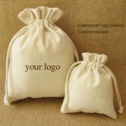 Other 50pcs Canvas Drawstring Bag Jewellery Packaging Cotton Pouch Cosmetic Gift Wedding Party Shoe Reusable Sachet Custom Print