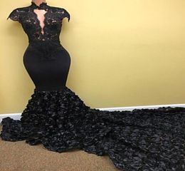 High Neck Black 2K17 Prom Dresses Long Cap Sleeves 3D Floral Flowers Lace Long Mermaid Evening Gowns Sexy Open Front Formal Party 7517286