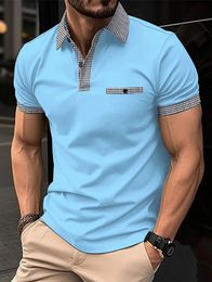 Fashion mens high-end slim-fit thousand bird Cheque short-sleeved POLO shirt; Plaid collar shaping 240320