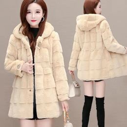 Spring New Danish Mink Coat Women's Faux Fur Mid-length Hooded Rhinodiamond-waist Fashion Coat