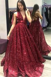 Sparkling REd Sequin Long Prom Dresses Floor Length Sexy Deep V Neck Sleeveless custom Made Special Occasion dresses2204813