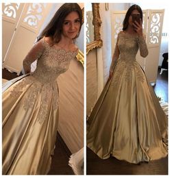 Formal 2018 Gold Prom Dresses Long Off Shoulder Sheer Long Sleeves Lace Appliques Beaded A Line Vintage Evening Dress Party Gown3605057