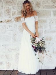 Dresses Short Sleeves Boho Wedding Dresses Off the Shoulder Lace Aline Floor Length Beach Informal Bridal Gowns Custom Made