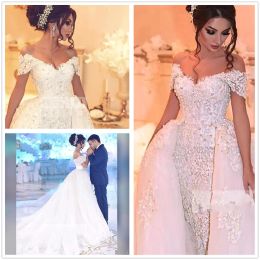 Dresses Arabic Lace Wedding Dresses Off The Shoulder Appliques Beaded Pearls Wedding Dress Detachable Skirt Plus Size Bridal Gowns Robe de