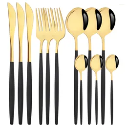 Dinnerware Sets 12pcs Black Gold Set Mirror Stainless Steel Tableware Knife Fork Spoon Flatware Kitchen Home Cutlery