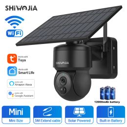 Intercom Shiwojia Solar Camera Wifi Outdoor Tuya Ptz Surveillance Camera Home Security Protection Video Cctv Cameras Pir Motion Alarm