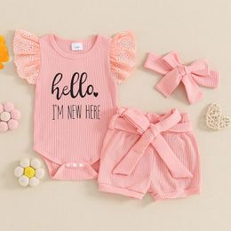 Clothing Sets 3pcs Cute Baby Girls Ribbed Letter Print Infant Summer Clothes Sleeve Romper Shorts With Belt Headband Set Outfits