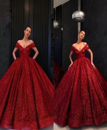 2020 Glitter Sequined Wine Red Evening Quinceanera Dresses Ball Gown V neck Cap Short Sleeves with Pockets Birthday Party Prom For9733597