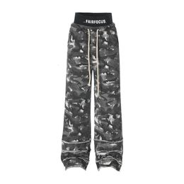 Camouflage Straight Leg Wide Leg Long Pants for Men's Fashion Design Sense, Distressed Casual Elastic Pants with Rough Edges and Holes at the Hem