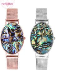 Mavis Hare Ocean Series Real Abalone Shell Mesh relógios mulheres relógios de pulso com pulseira de malha de aço inoxidável 3 atm à prova d'água 2017701214