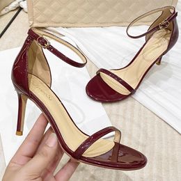 Sandals 4 Colour Patent Leather Women Summer Shoes Ladies Fashion Stiletto Ankle Strap Office High Heels Blue Red Pink O0028