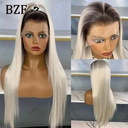 Ombre Ash Blonde Lace Front s Silky Straight Coloured Synthetic For Women Dark Roots 60 Grey White Cosplay Glueless 240327