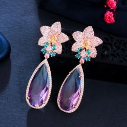 Earrings CWWZircons Micro Pave Pink Cubic Zirconia Flower Big Water Drop Rainbow Crystal Long Luxury Earring for Women Boho Jewelry CZ965