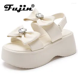 Dress Shoes Fujin 7cm Summer Women Sandals Microfiber PU Lady Elastic Chunky Heel Fashion Platform Wedge Mujer Comfy Hook