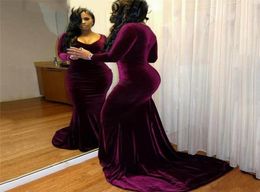 Plus Size Velvet Long Sleeves Purple Prom Dresses 2019 Mermaid Sexy V Neck Black Girls Formal Dresses Court Train Long Evening Gow5874719