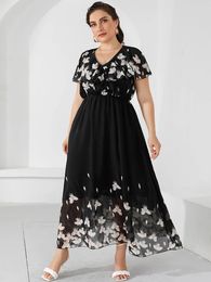 Plus Size Casual Womens Dresses 2023 Summer Ruffles V Neck Short Sleeve Floral Maxi Long Dress Black Chiffon Boho Beach 240321
