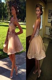 2020 New Sexy Short Mini Champagne Cocktail Dresses Sweetheart Lace Appliques Beads Pearls Sash Bow Sweet 16 Homecoming Dress Prom4546948