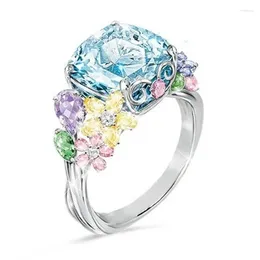 Cluster Rings Colored Gemstones Princess Ring Exquisite Silvery Colourful Zircon For Women&Girl Fashion Charm Jewelry Gift 2024